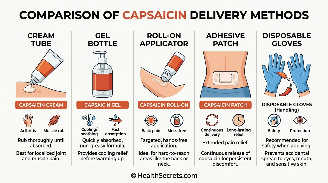 Comparison of capsaicin product types including cream, gel, roll-on, and patch formulations