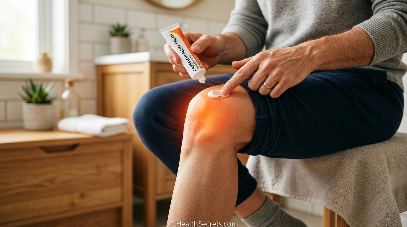 Person applying capsaicin cream to knee joint for osteoarthritis pain relief