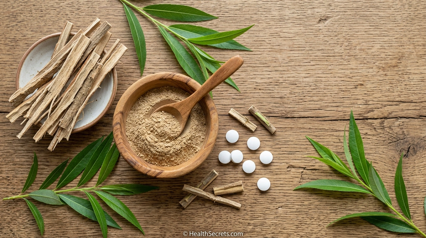 White willow bark strips and powder compared to aspirin tablets as natural pain relief alternative
