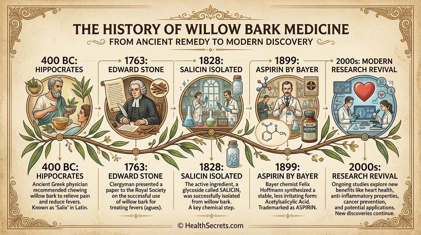 Timeline showing the history of white willow bark from Hippocrates to modern clinical research