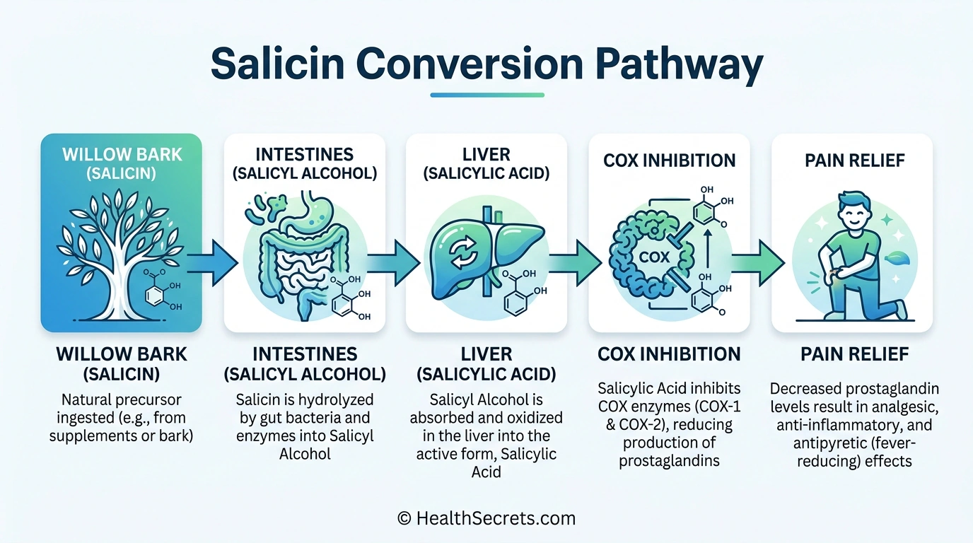 Infographic showing how salicin from white willow bark converts to salicylic acid for pain relief