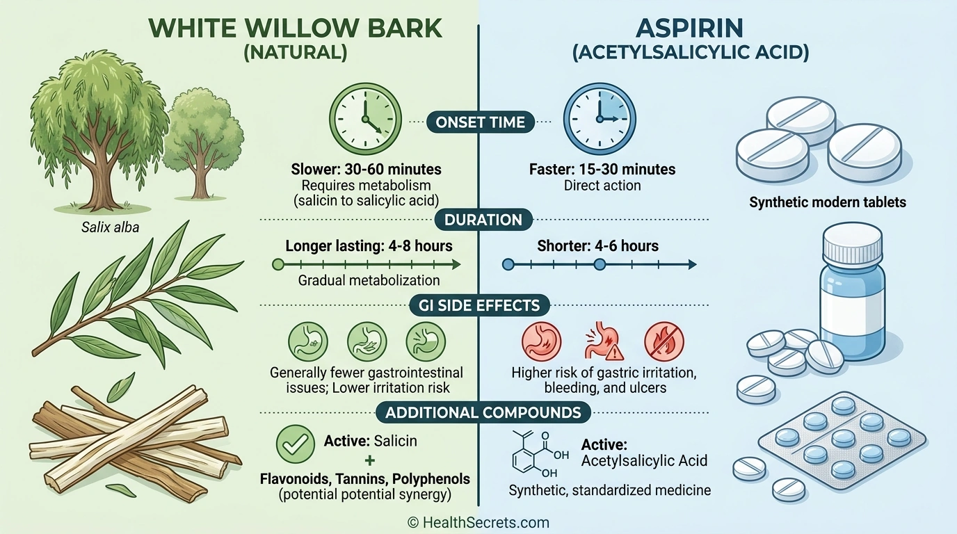 Side-by-side comparison of white willow bark versus aspirin showing onset, duration, and side effects