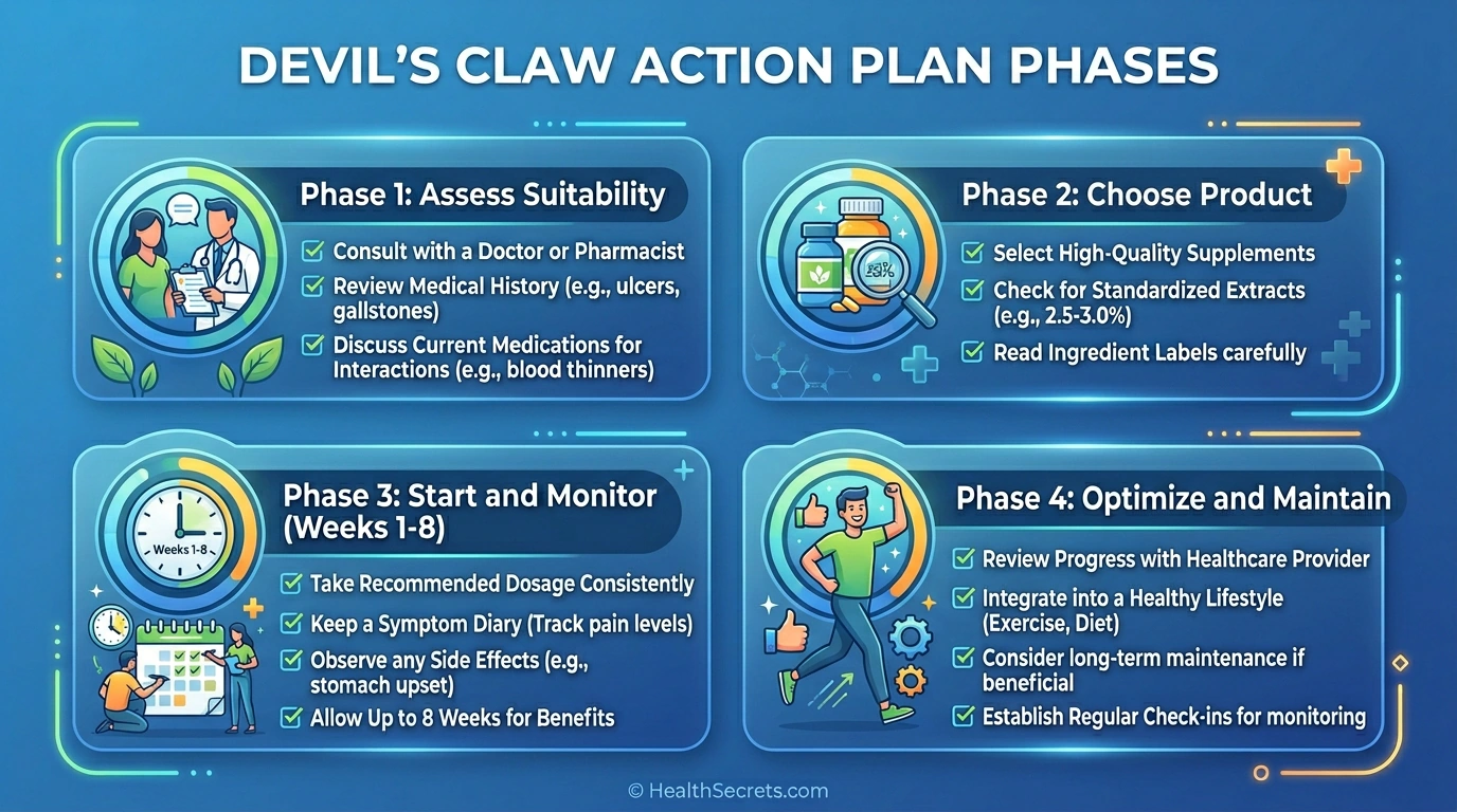 Devil's claw supplementation action plan infographic showing four phases from assessment through long-term maintenance
