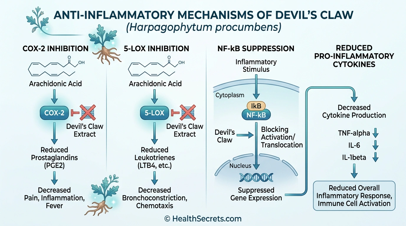 Medical infographic showing devil's claw anti-inflammatory mechanisms including COX-2 and 5-LOX inhibition and cytokine reduction
