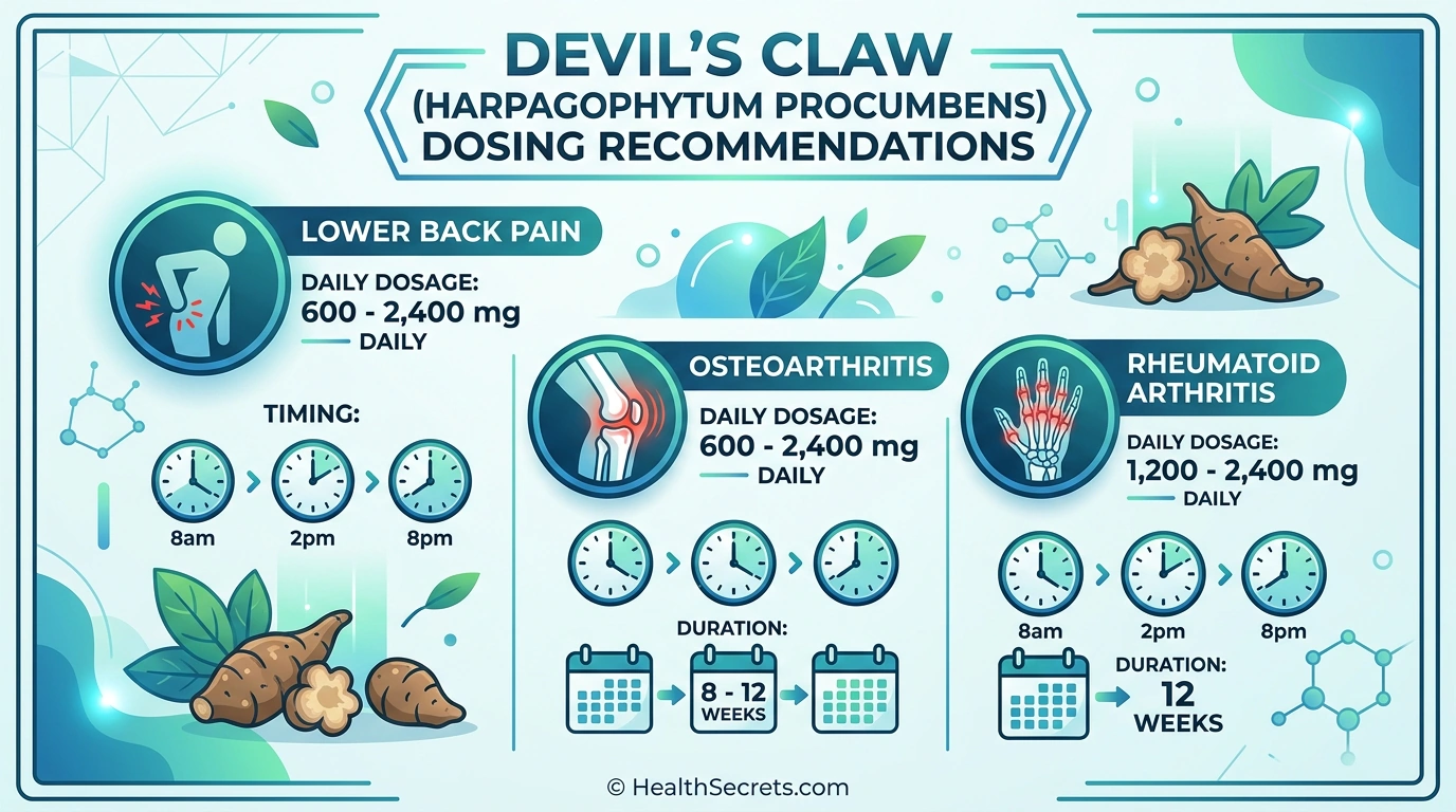 Devil's claw dosing guide infographic showing recommended doses for back pain, osteoarthritis, and rheumatoid arthritis