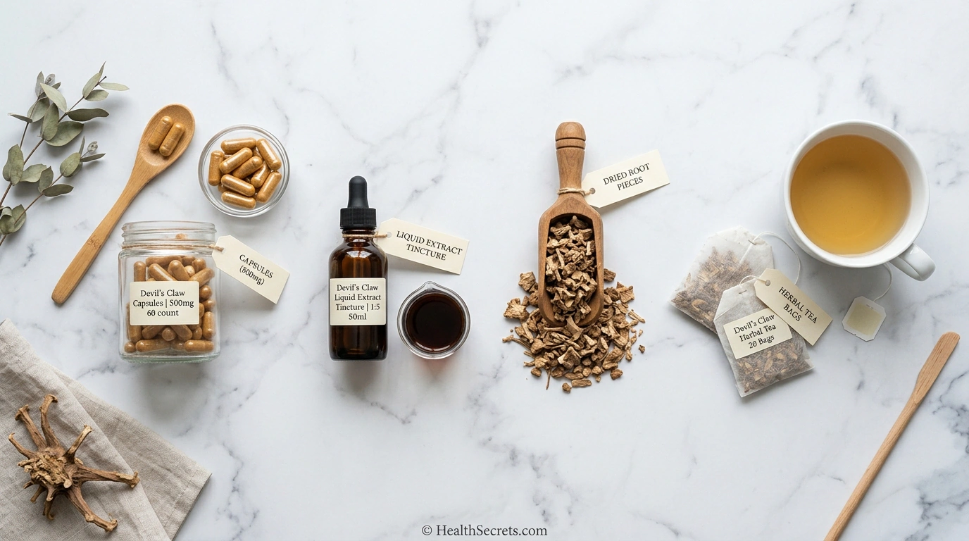 Various devil's claw supplement forms including capsules, liquid extract, dried root, and tea bags arranged for comparison