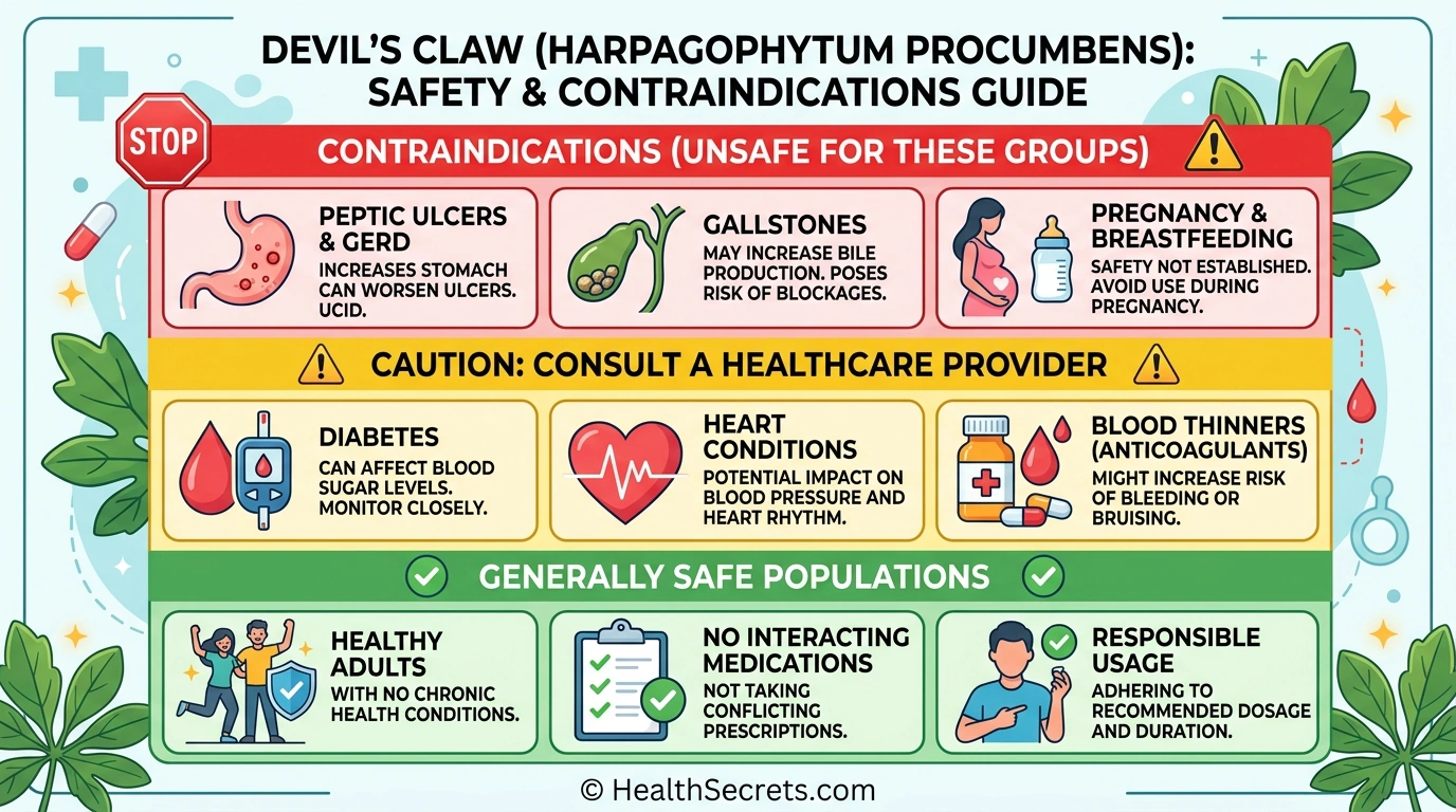 Devil's claw safety and contraindications infographic showing who should avoid, use caution, and who can safely use the supplement