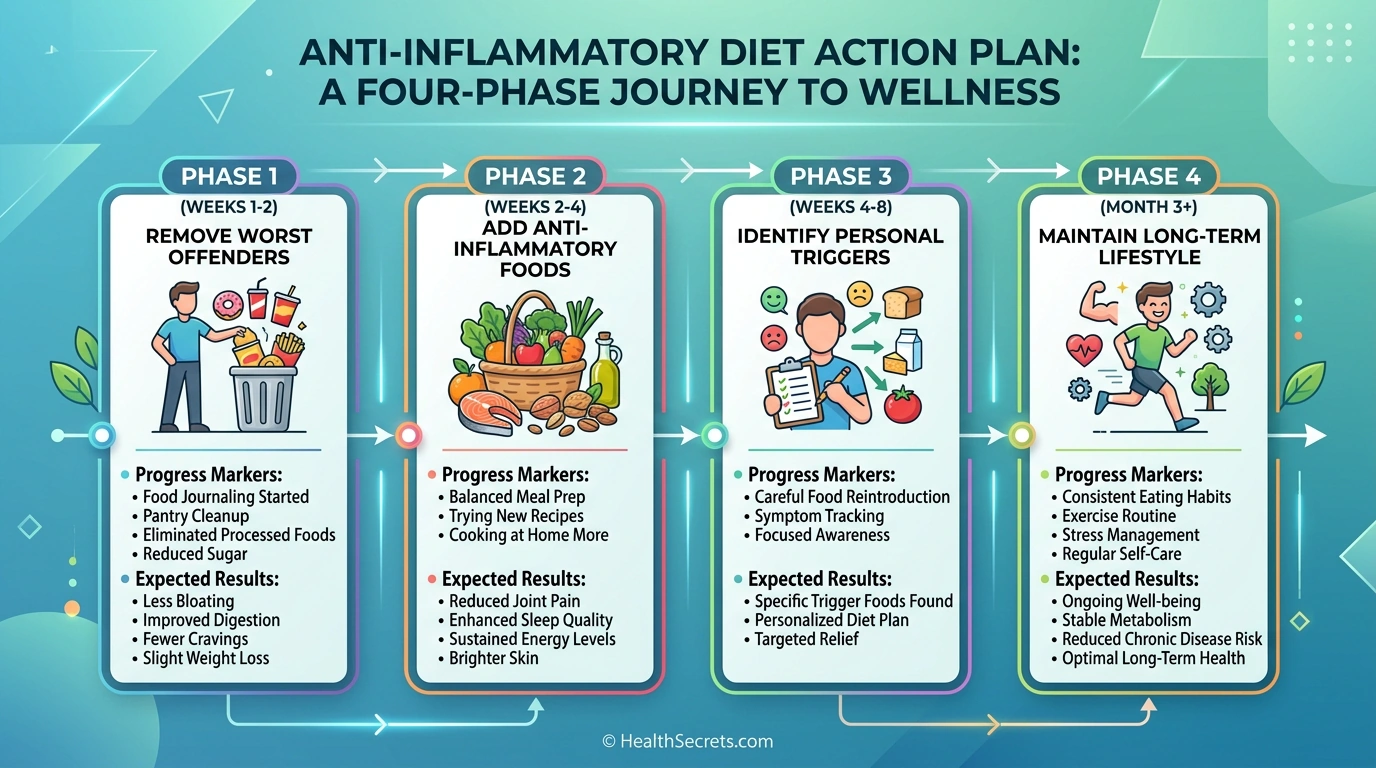 Timeline infographic showing four phases of transitioning from a pro-inflammatory to anti-inflammatory diet over 8 weeks