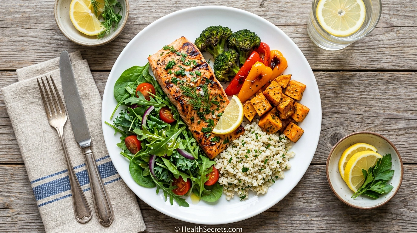 Overhead view of an anti-inflammatory Mediterranean diet plate with salmon, colorful vegetables, quinoa, and olive oil