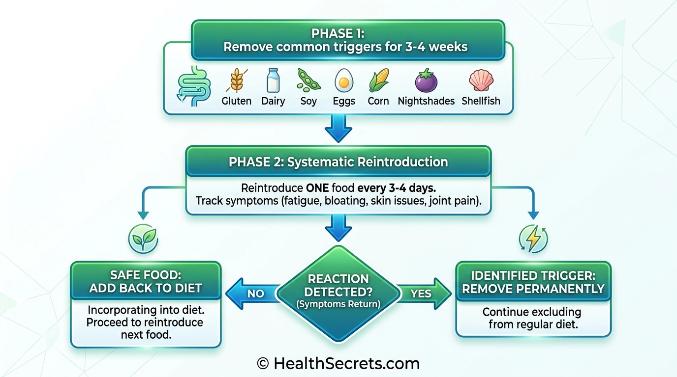 Flowchart showing the step-by-step elimination diet process for identifying personal inflammatory food triggers