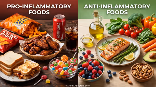Side-by-side comparison of pro-inflammatory processed foods versus anti-inflammatory whole foods including vegetables, fish, and olive oil