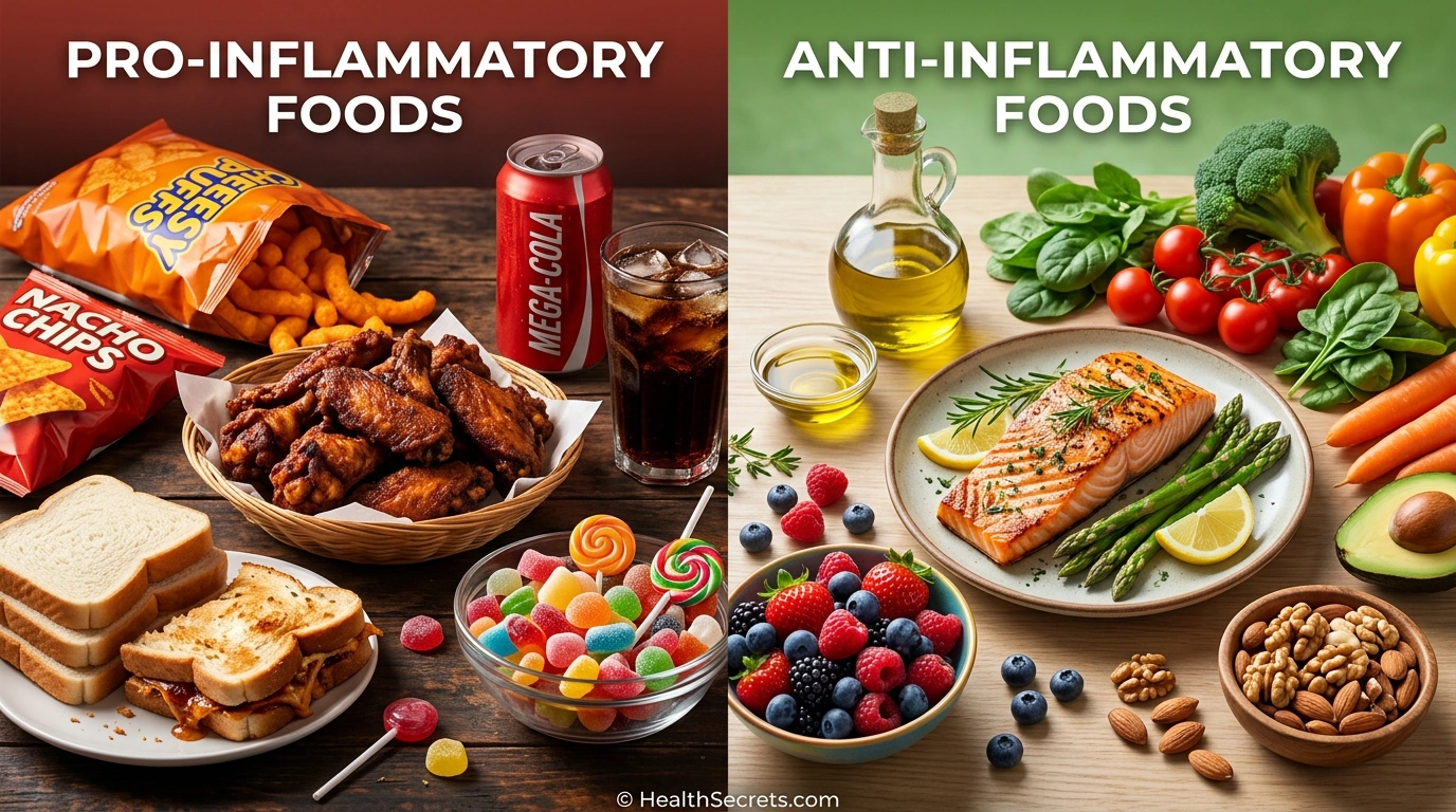 Side-by-side comparison of pro-inflammatory processed foods versus anti-inflammatory whole foods including vegetables, fish, and olive oil