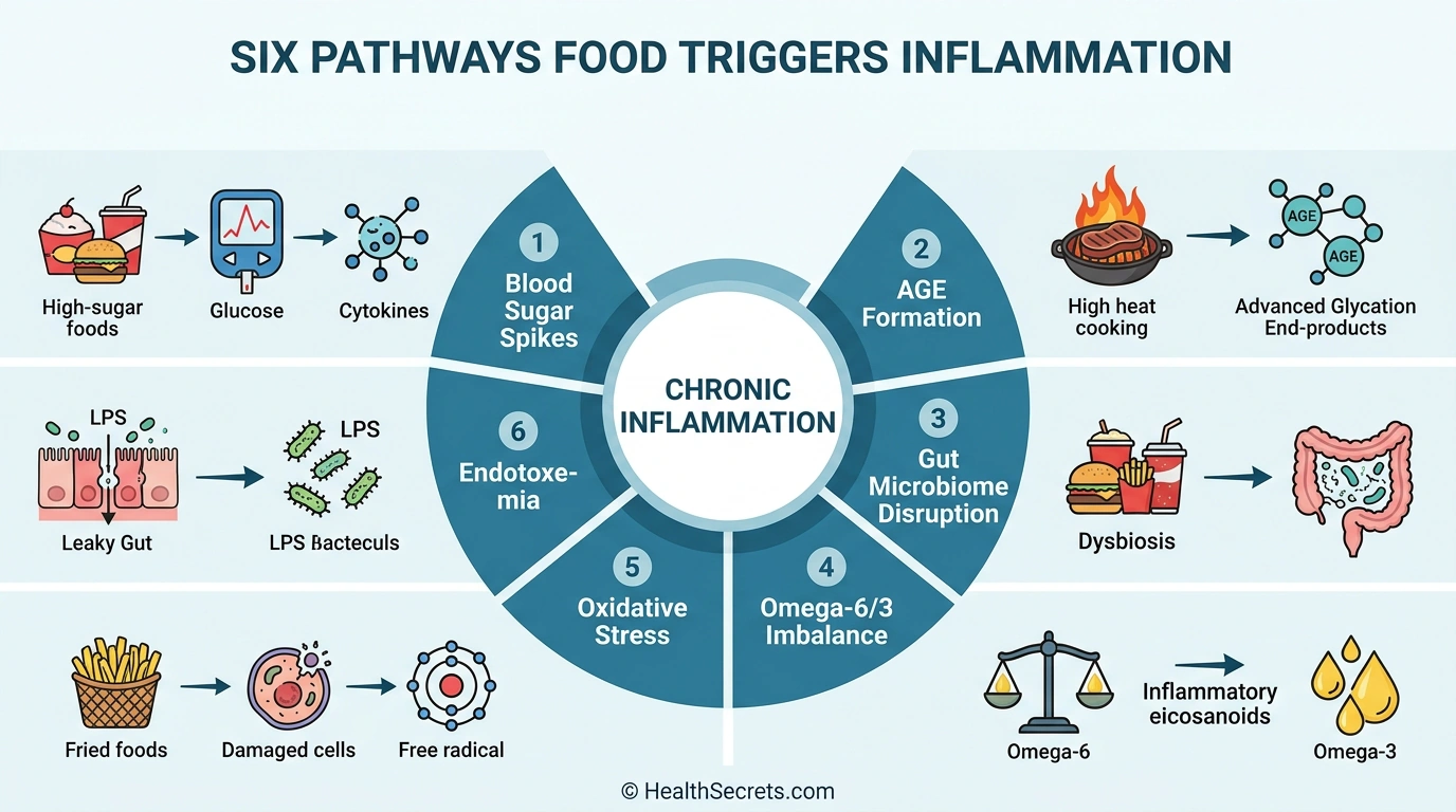 Medical infographic showing six mechanisms by which pro-inflammatory foods trigger chronic inflammation in the body