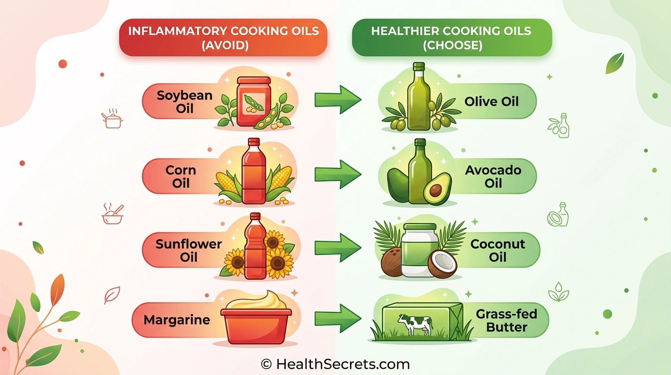 Infographic showing anti-inflammatory cooking oil swaps replacing inflammatory seed oils with olive oil, avocado oil, and coconut oil