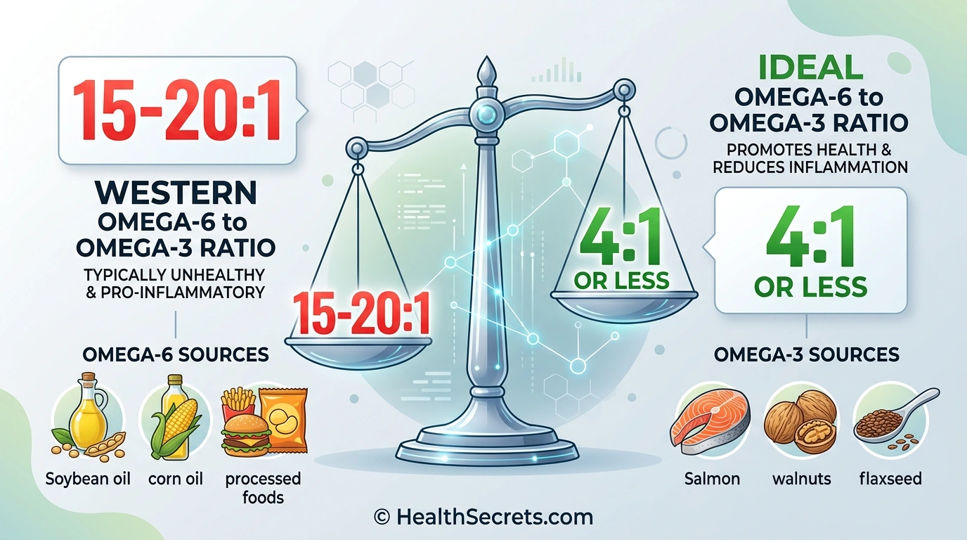 Infographic comparing the inflammatory Western omega-6 to omega-3 ratio of 15-20:1 versus the ideal anti-inflammatory ratio of 4:1