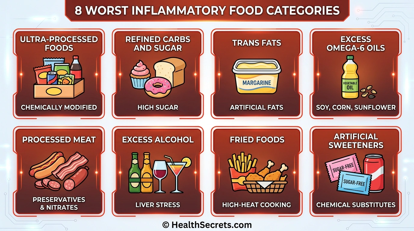 Infographic grid showing eight categories of foods that cause the most inflammation including processed foods, sugar, trans fats, and processed meat