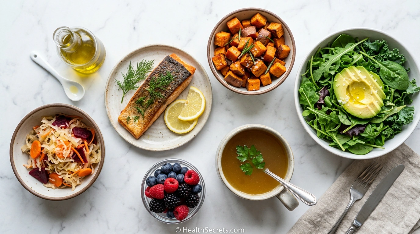 AIP autoimmune protocol diet compliant foods including salmon, vegetables, and bone broth