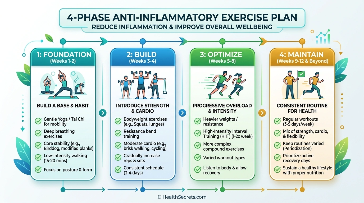 Four-phase anti-inflammatory exercise action plan from foundation to maintenance with weekly progression
