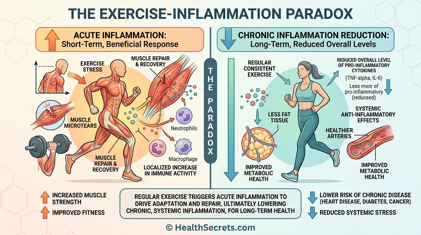 Infographic showing the exercise inflammation paradox with acute inflammation up short-term and chronic inflammation down long-term