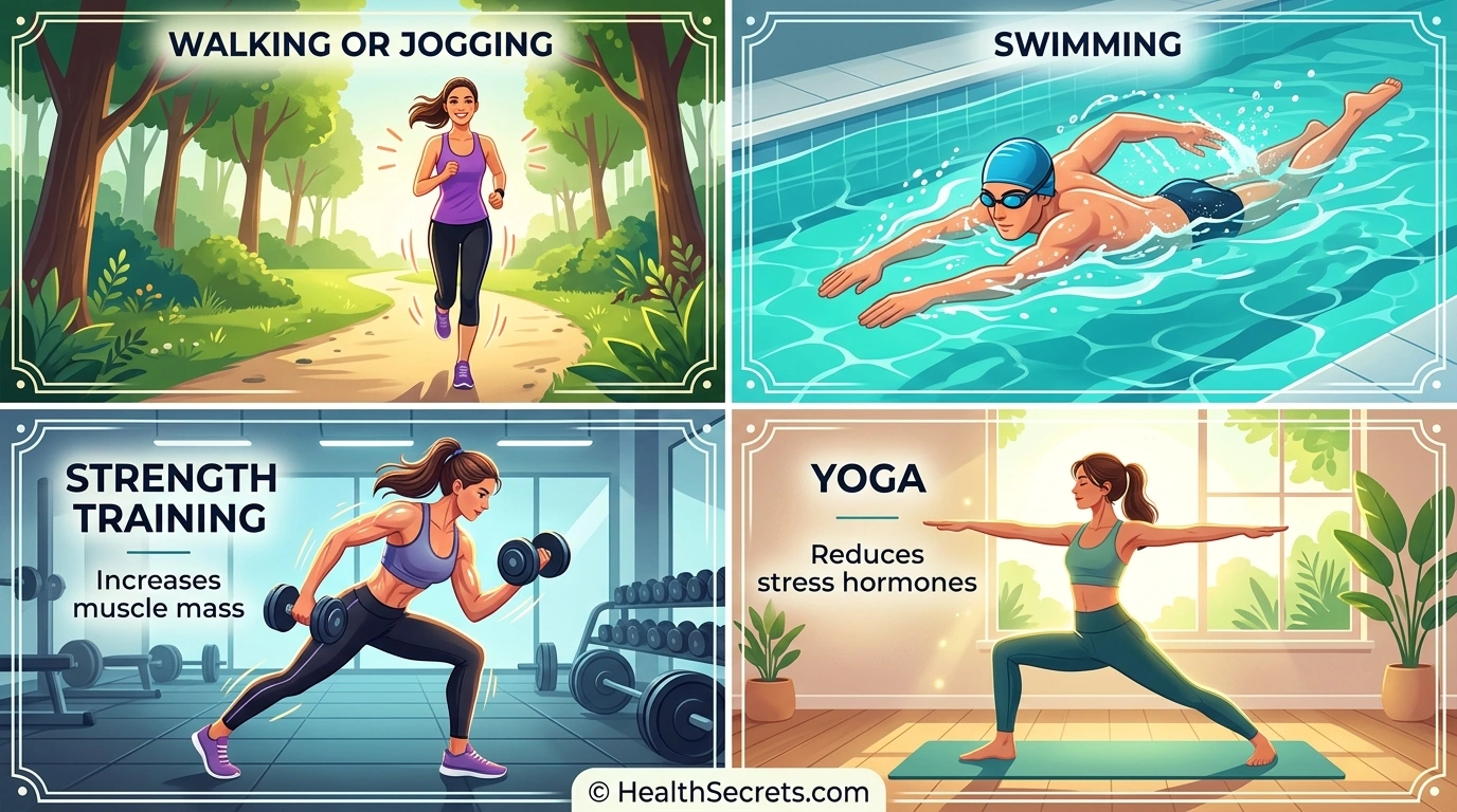 Four types of anti-inflammatory exercise including walking swimming strength training and yoga