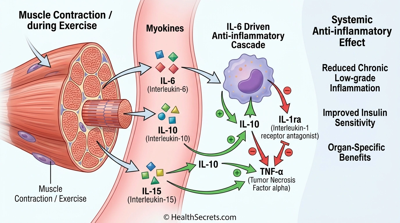 Scientific illustration of myokines released during exercise showing anti-inflammatory pathway mechanisms