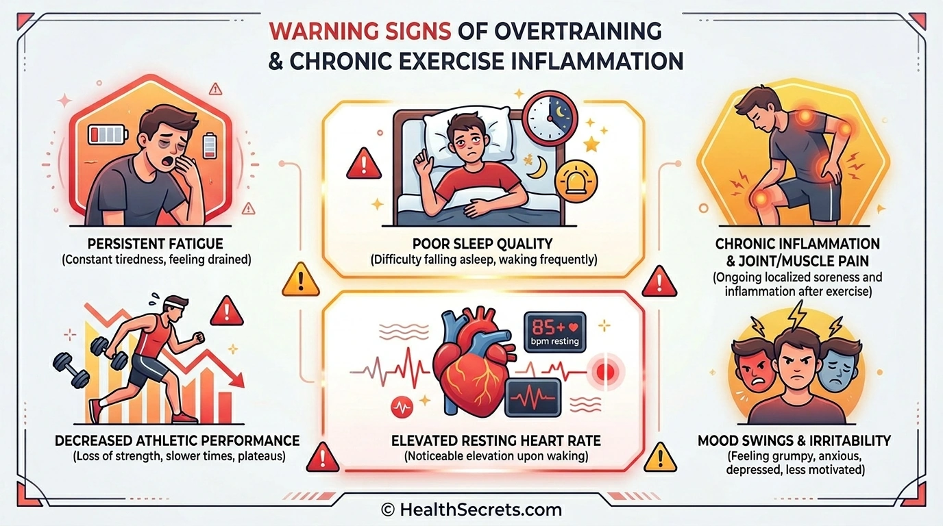 Infographic showing warning signs of overtraining syndrome including fatigue poor sleep and frequent illness