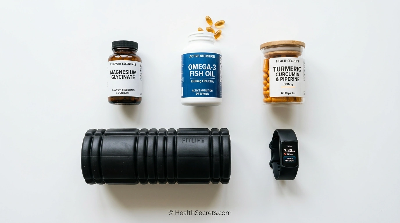 Top anti-inflammatory exercise recovery products including magnesium omega-3 curcumin foam roller and fitness tracker