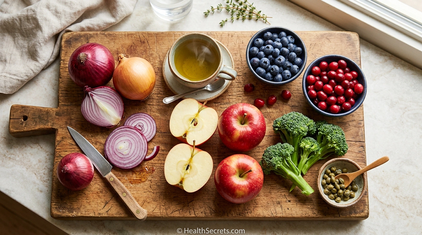 Quercetin-rich foods including onions, apples, berries, green tea, and capers arranged on wooden cutting board for natural anti-inflammatory support