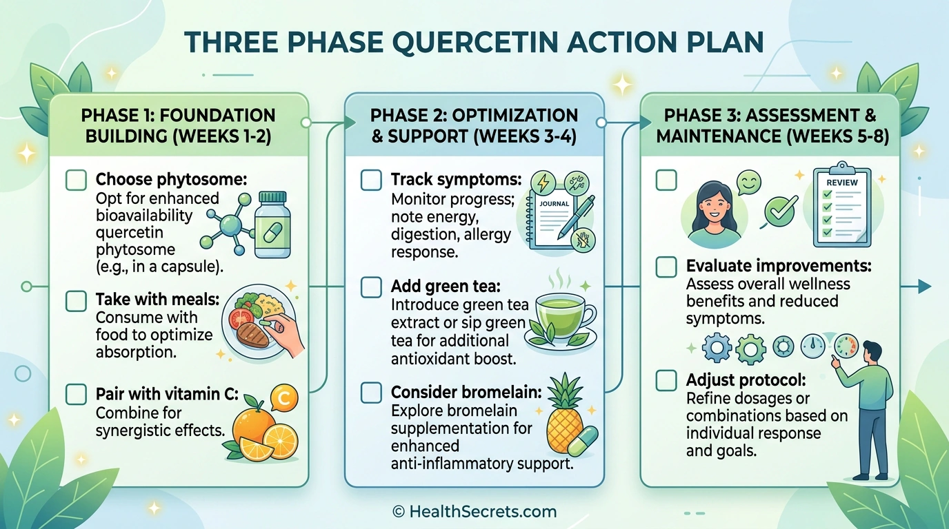 Three-phase quercetin action plan infographic showing weekly checklist for starting quercetin supplementation for inflammation