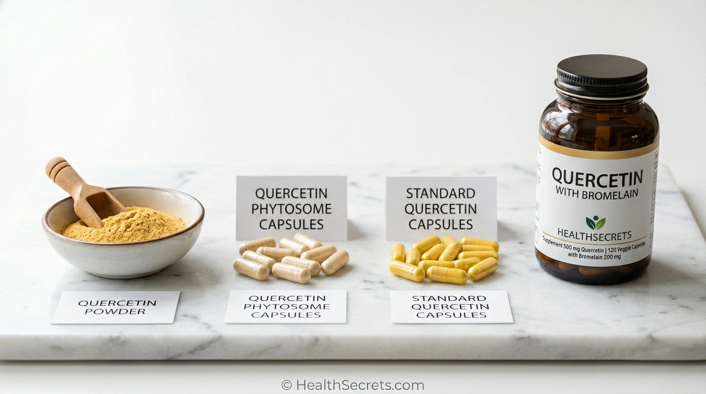 Different forms of quercetin supplements including phytosome capsules, standard capsules, powder, and quercetin with bromelain