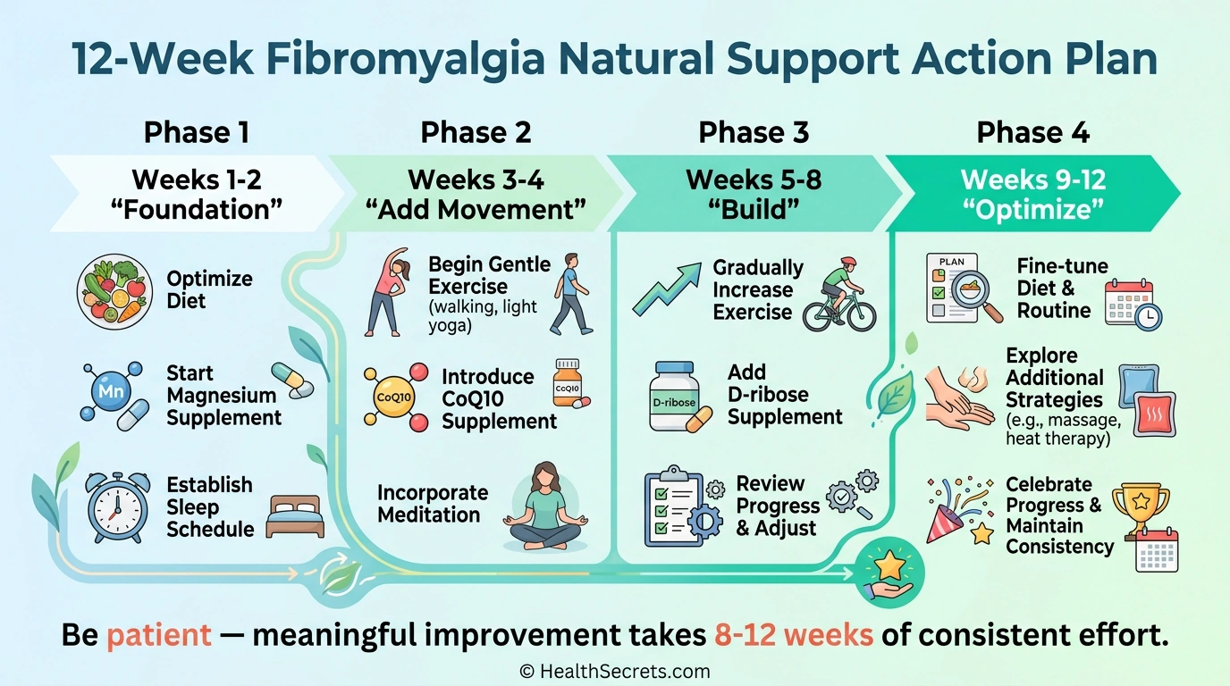Timeline infographic showing 12-week fibromyalgia natural support action plan from foundation through optimization phases