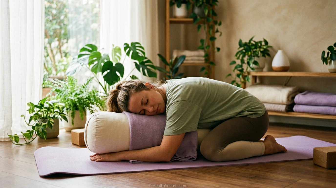 Person practicing gentle restorative yoga in a peaceful sunlit room with bolsters and props representing fibromyalgia-friendly exercise