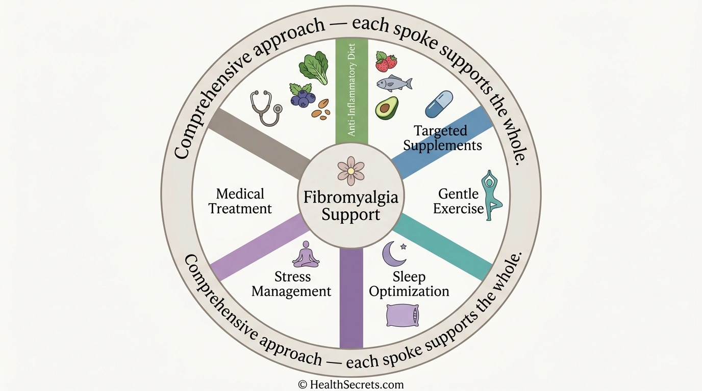 Circular infographic showing six spokes of fibromyalgia management including diet supplements exercise sleep stress management and medical treatment