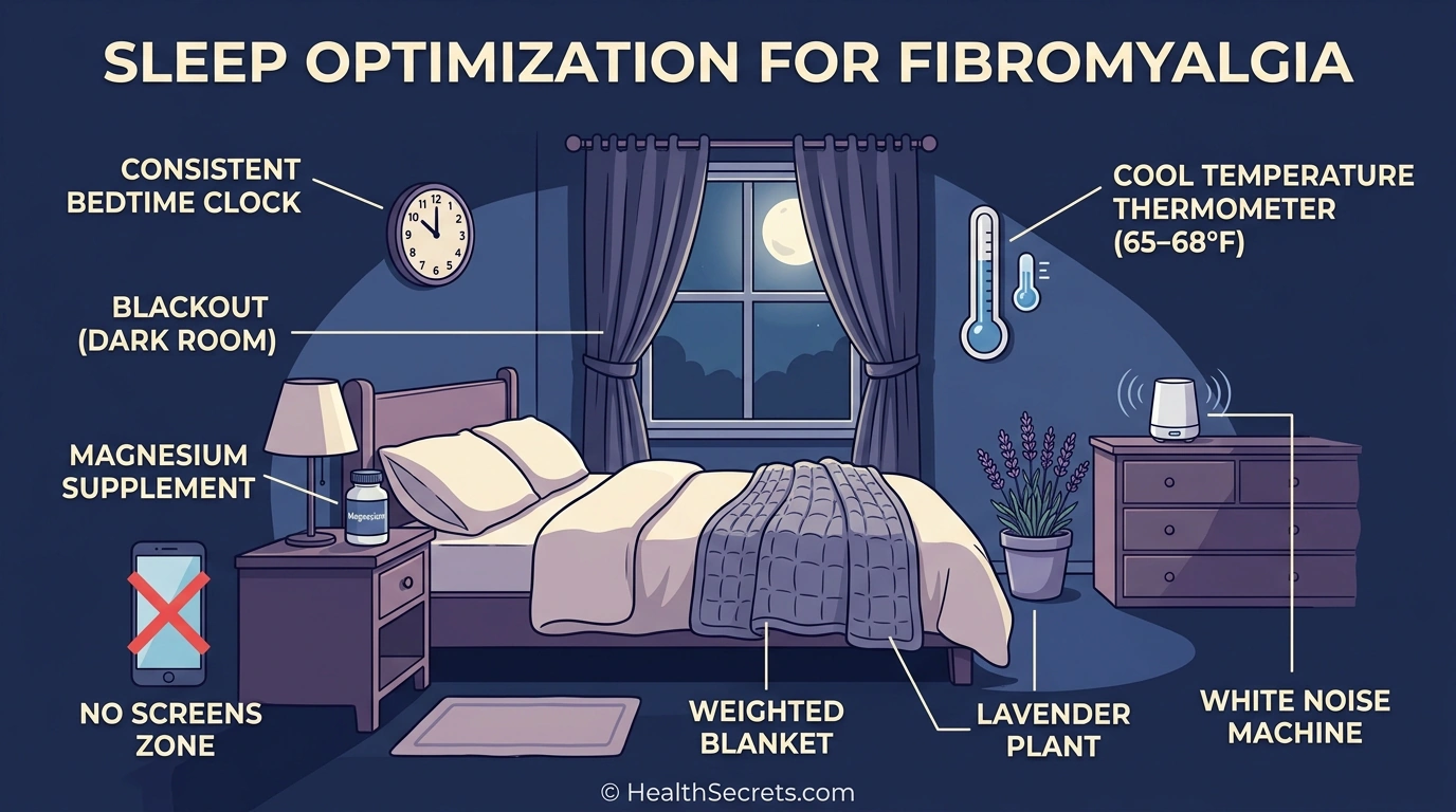 Illustrated bedroom infographic showing sleep optimization strategies for fibromyalgia including consistent bedtime dark room cool temperature and sleep supplements