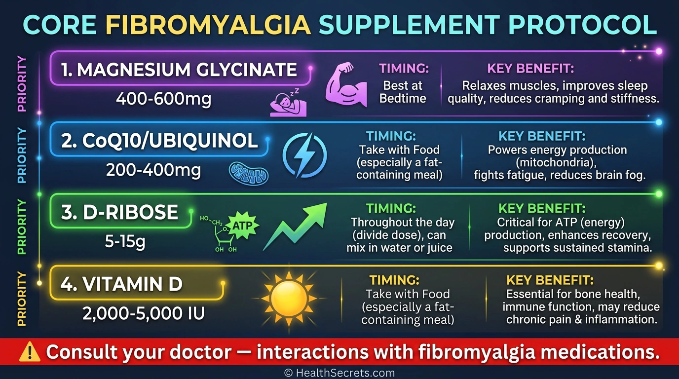 Infographic showing four core fibromyalgia supplements with doses and timing including magnesium CoQ10 D-ribose and vitamin D