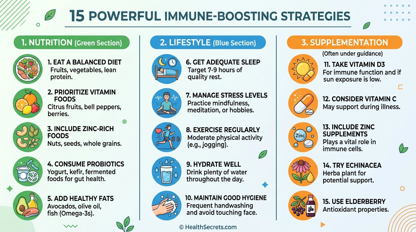 Infographic listing 15 evidence-based strategies to boost immune health naturally, organized by nutrition, lifestyle, and supplementation categories