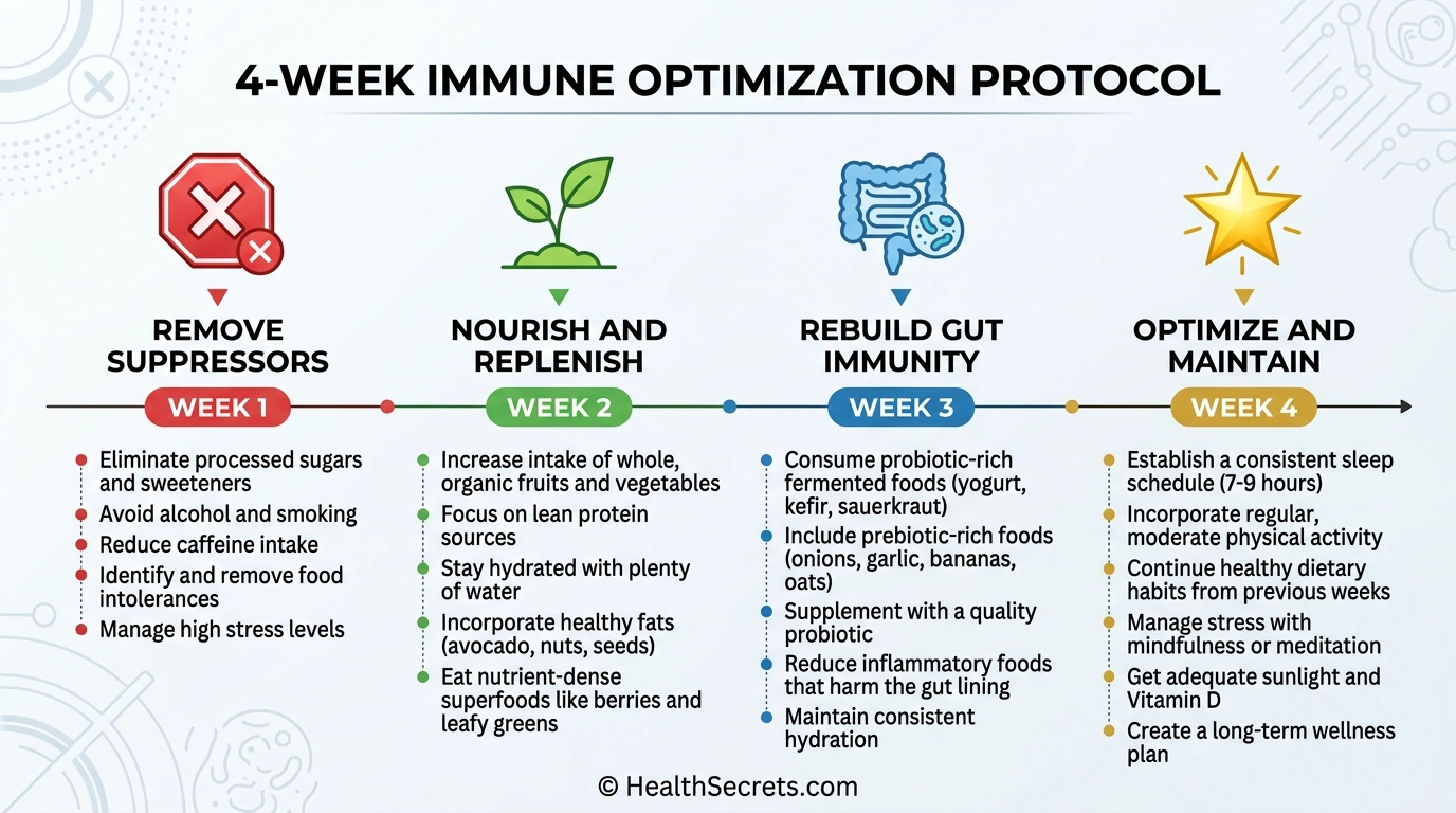 Timeline infographic of the 30-day immune optimization protocol showing four weekly phases from removing suppressors to optimization