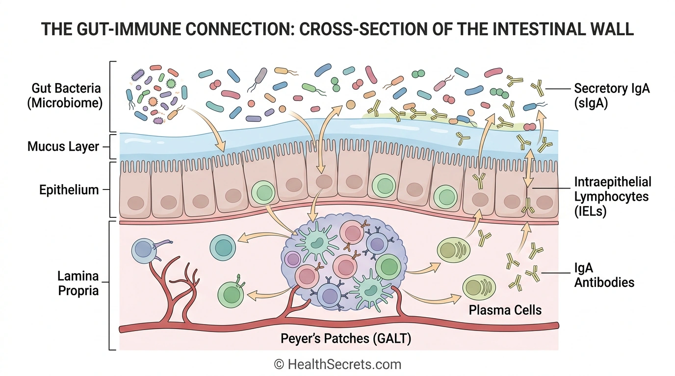 Anatomical illustration showing the gut-immune connection with gut bacteria, immune cells in the intestinal wall, and their interactions