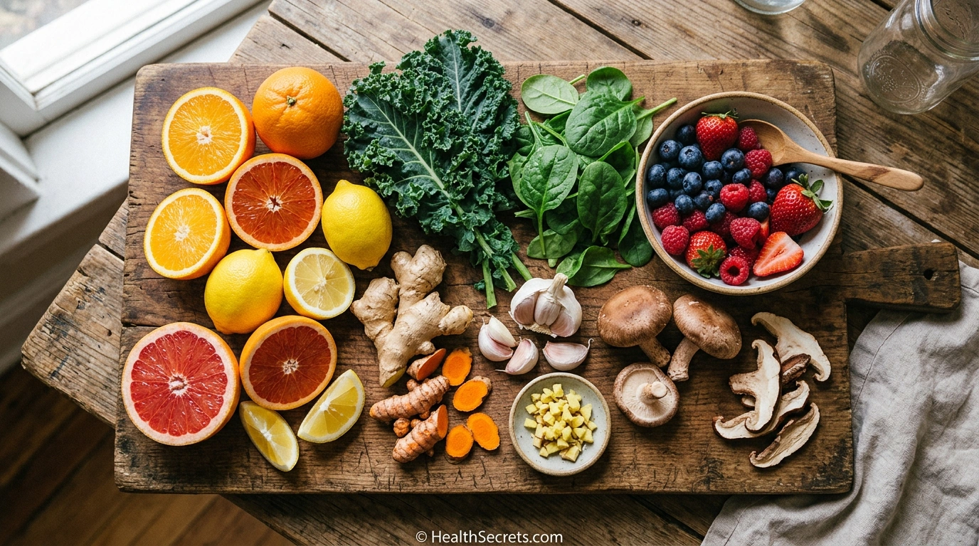 Colorful array of natural immune-boosting foods including citrus fruits, garlic, ginger, turmeric, leafy greens, berries, and medicinal mushrooms arranged on a wooden cutting board