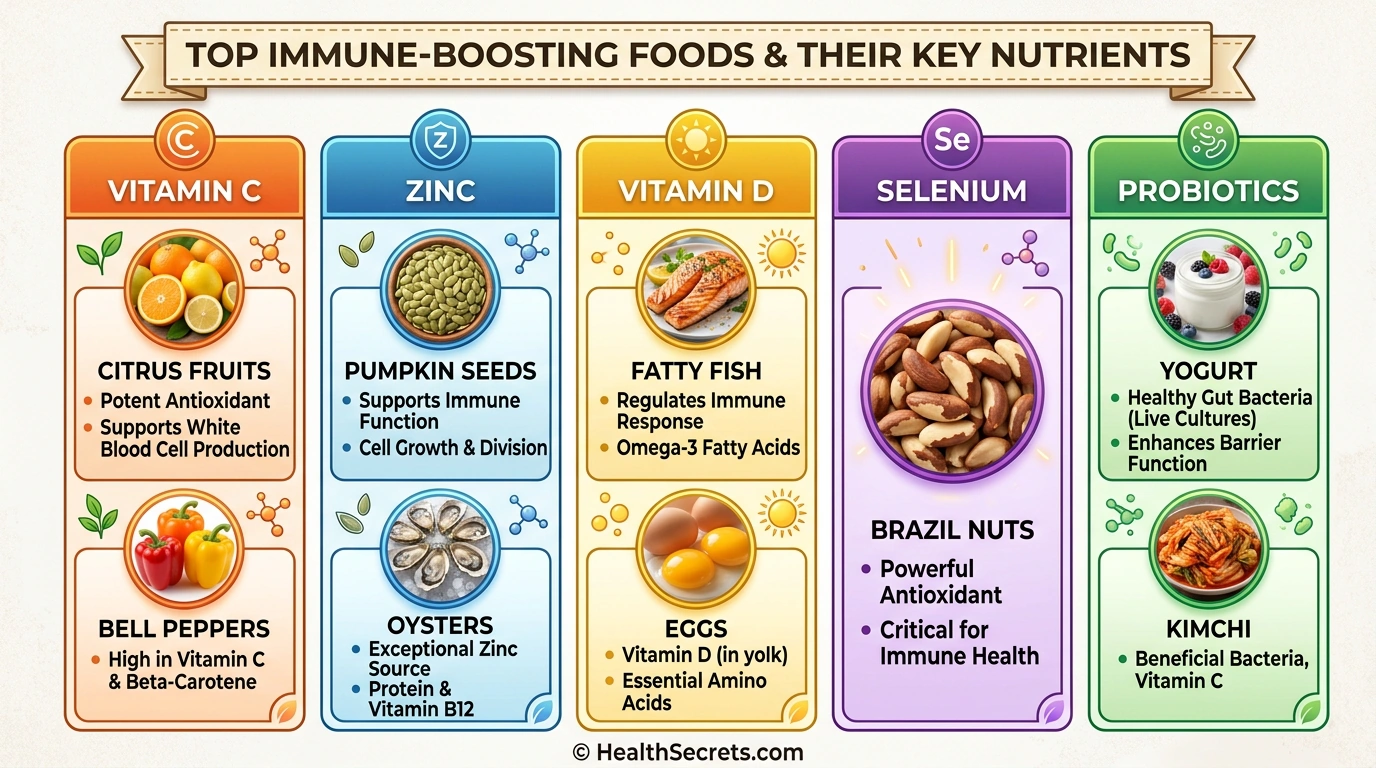 Chart showing top immune-boosting foods organized by nutrient category including vitamin C, zinc, vitamin D, selenium, and probiotic-rich foods