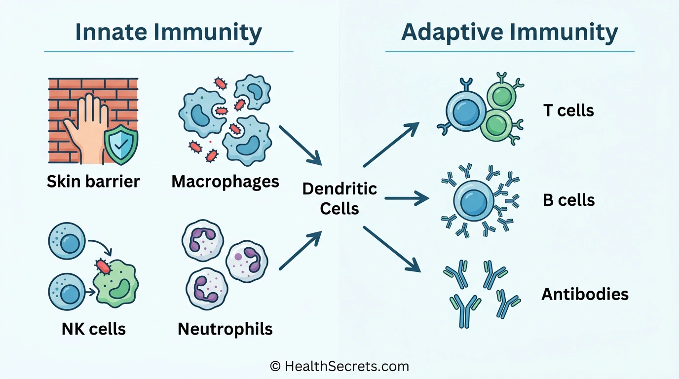 Illustrated diagram comparing innate and adaptive immune system components including physical barriers, macrophages, natural killer cells, T cells, and B cells