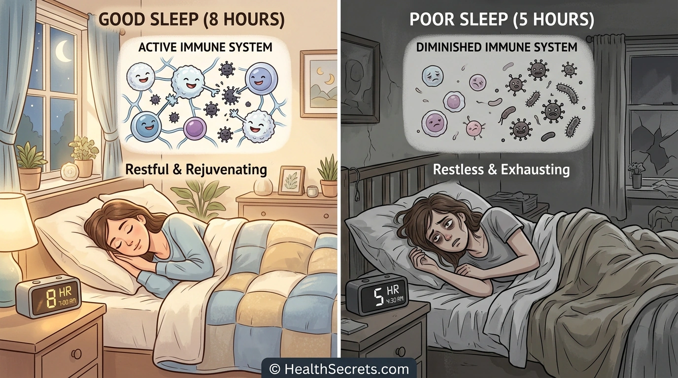 Split illustration comparing good sleep with active immune cells versus poor sleep with diminished immune function