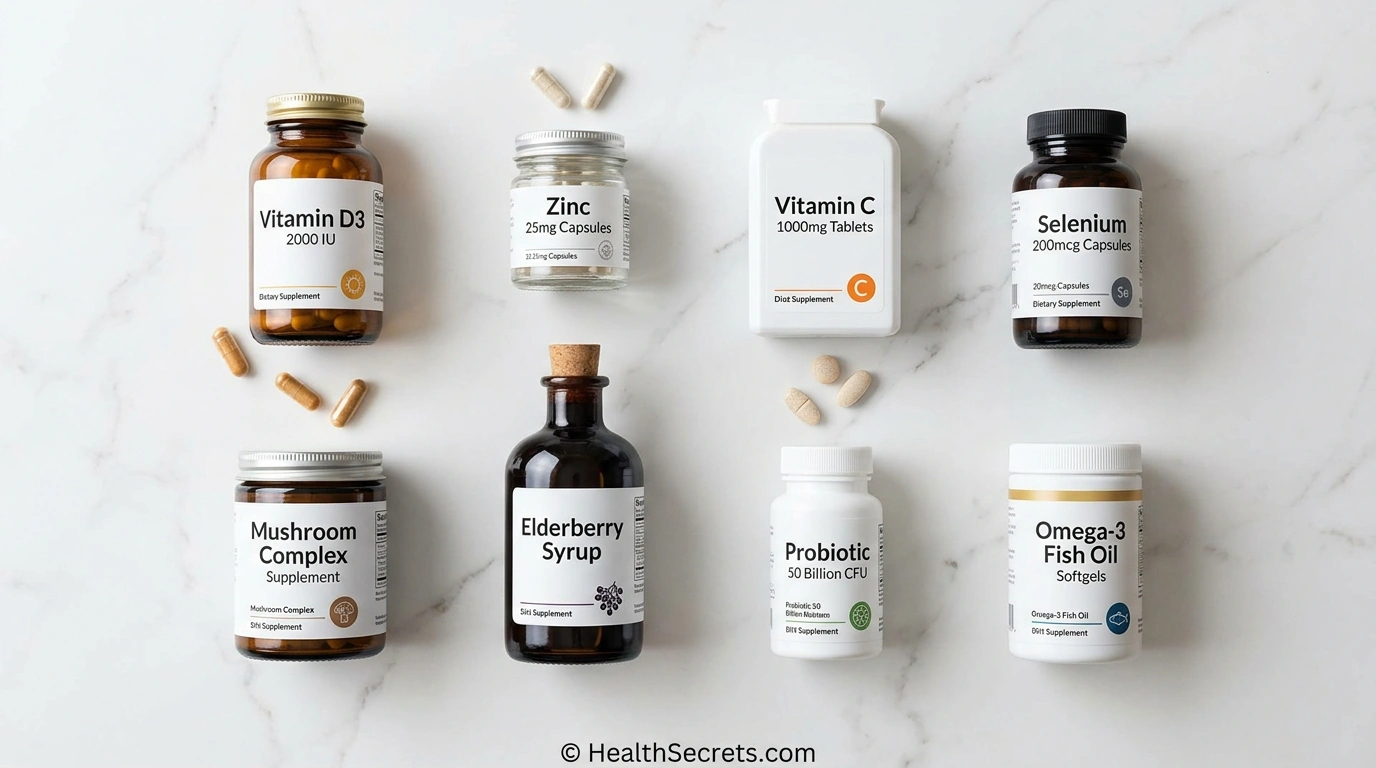 Flat-lay photograph of recommended immune support supplements including vitamin D3, zinc, vitamin C, selenium, mushroom extract, elderberry, probiotics, and omega-3