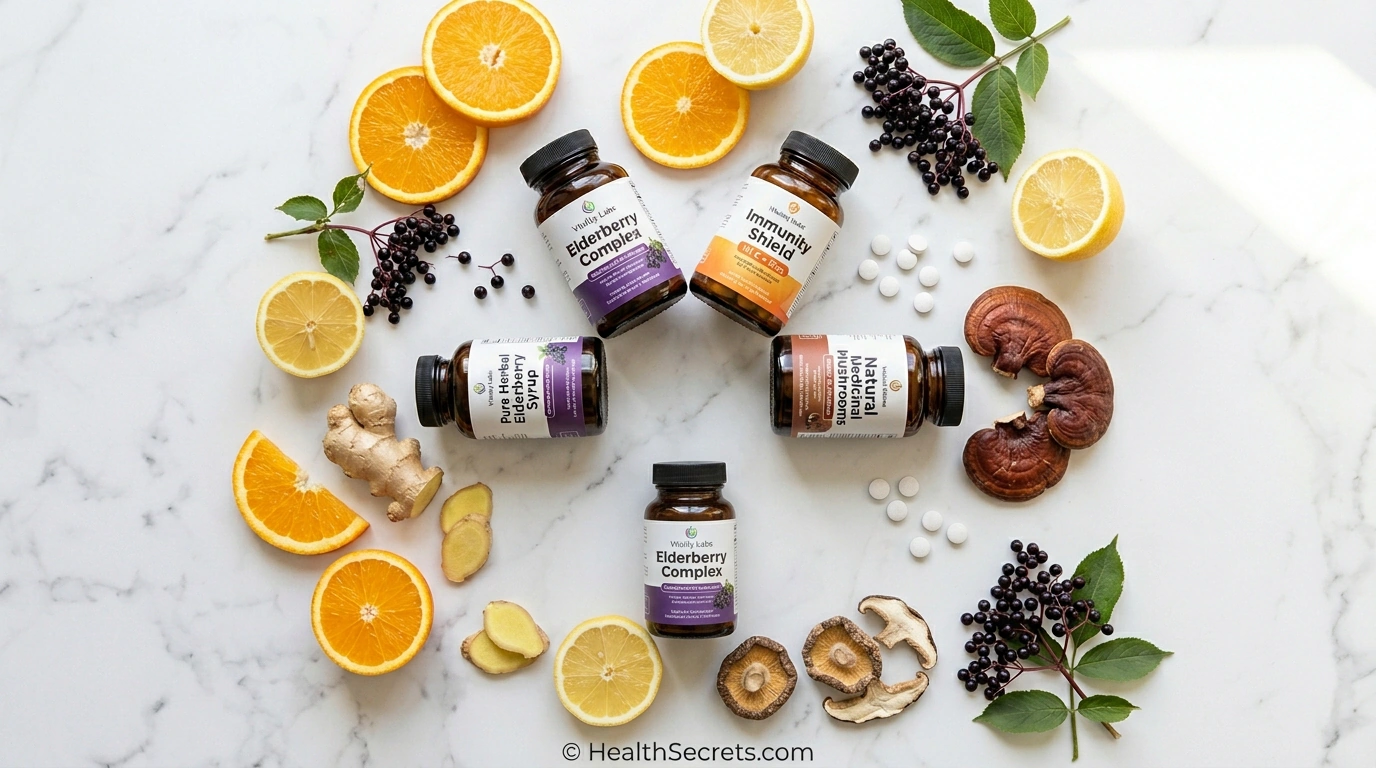 Best immune boosting supplements arranged with citrus fruits, elderberries, and medicinal mushrooms