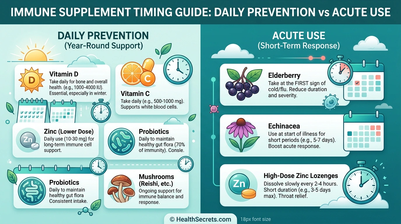 Guide showing which immune supplements to take daily versus at first sign of illness