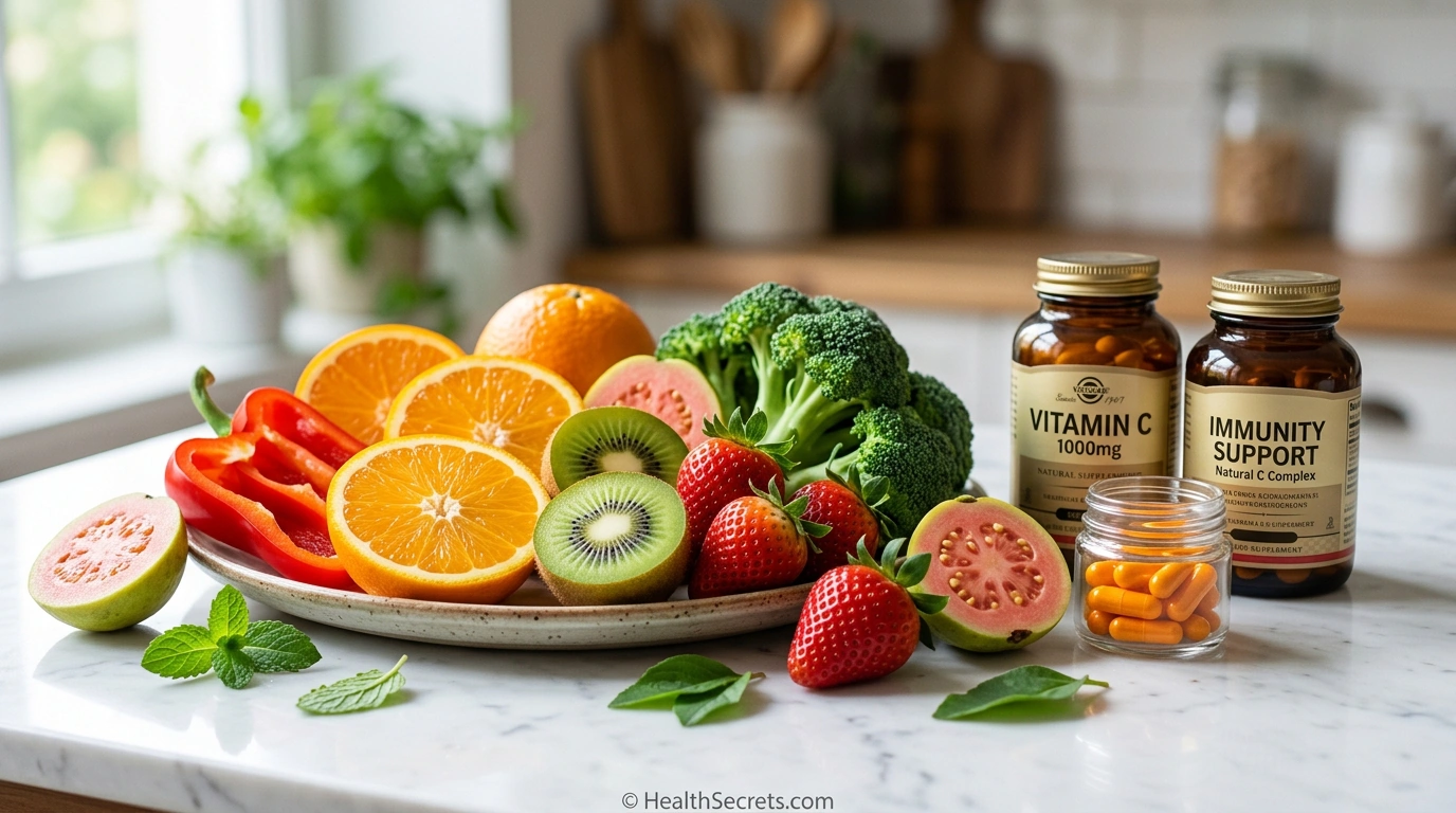 Vitamin C-rich foods and supplements for immune health including oranges, bell peppers, kiwi, and supplement bottles