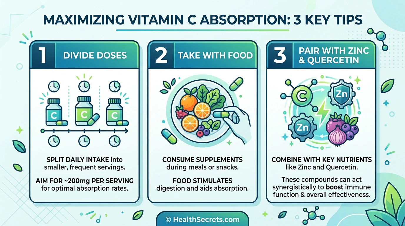 Three tips for maximizing vitamin C absorption including divided doses, taking with food, and pairing with zinc