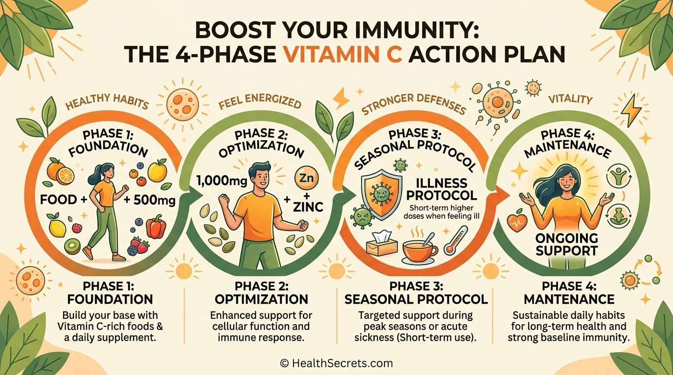 Four-phase vitamin C immune support action plan infographic from foundation to maintenance