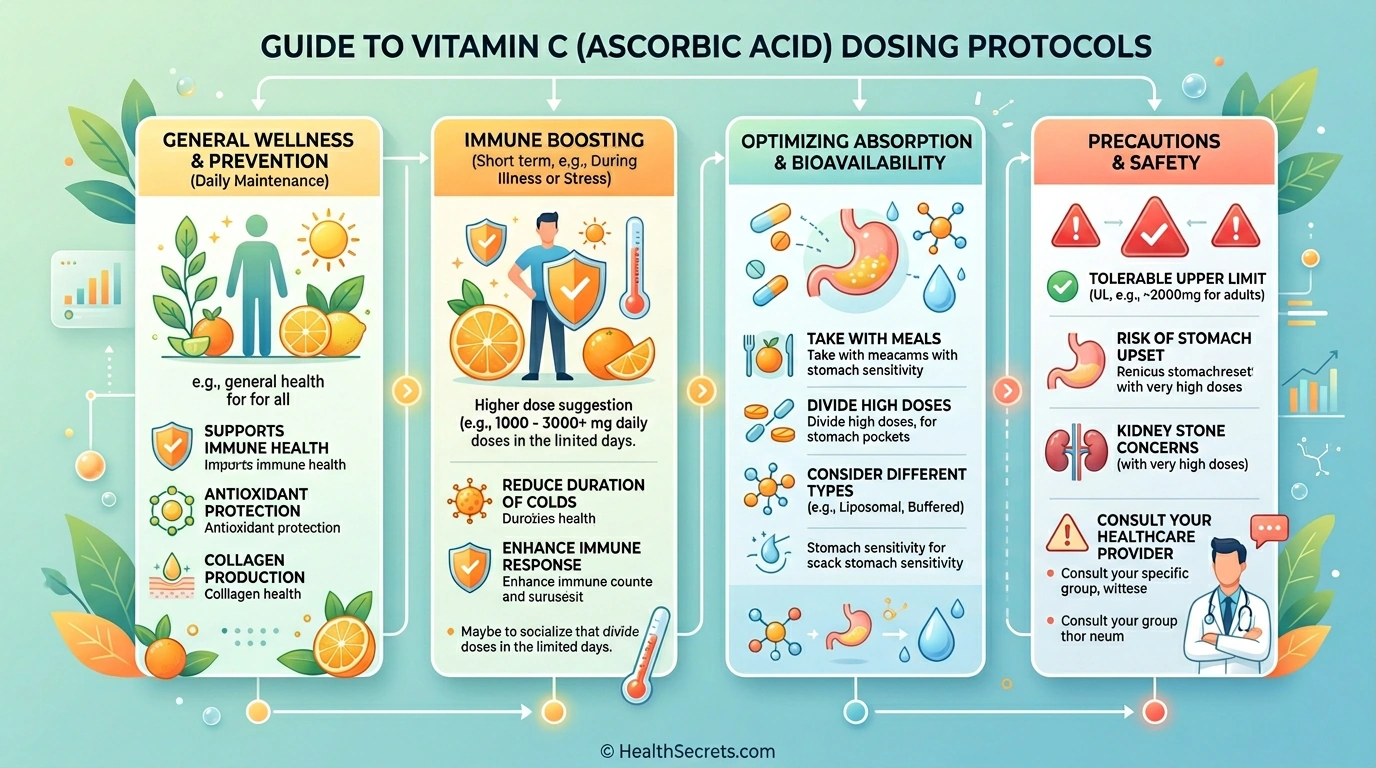 Vitamin C dosing protocol infographic showing recommended doses for prevention, cold season, illness, and high stress
