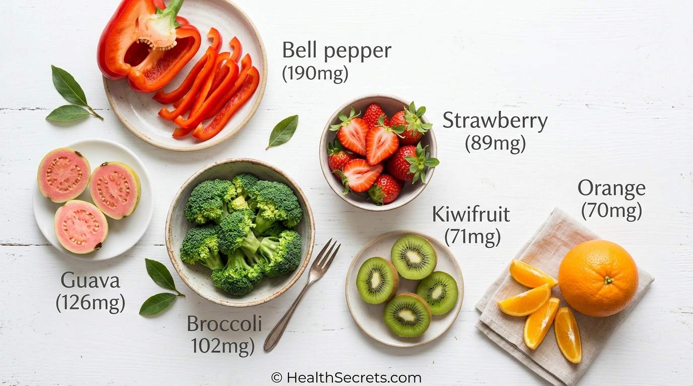 Top vitamin C food sources with amounts labeled including bell pepper, guava, broccoli, strawberries, kiwi, and orange